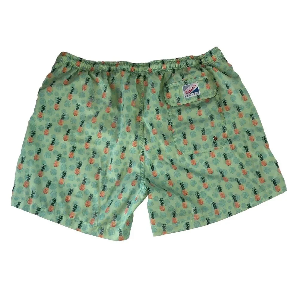 Bermies Mens Swim Trunks Pineapple Tropical Print Board Shorts Mint Green Large